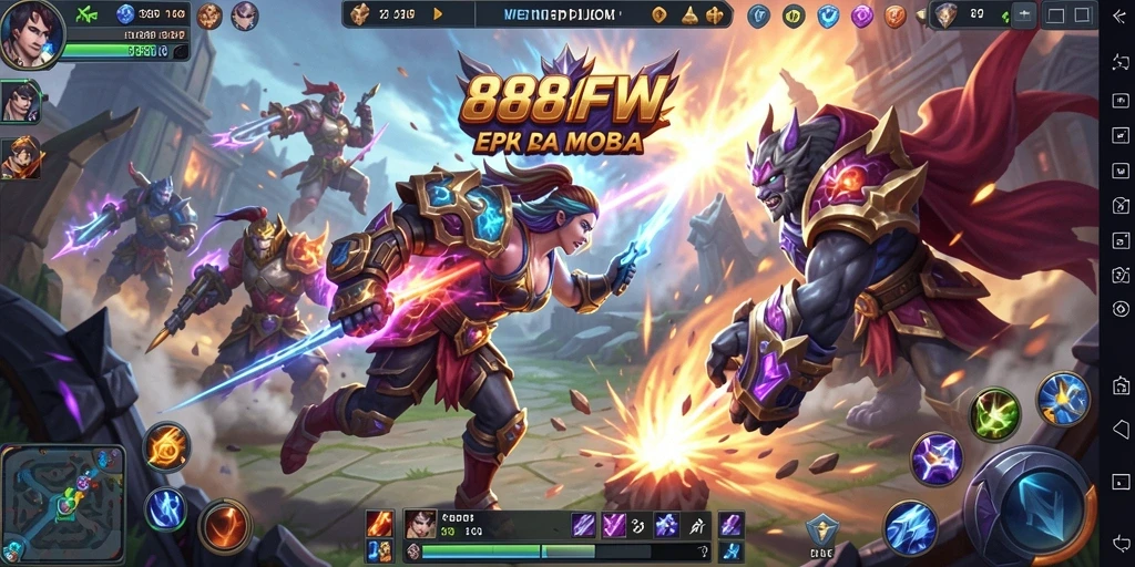 Screenshot menunjukkan aksi pertempuran epik dalam game MOBA.