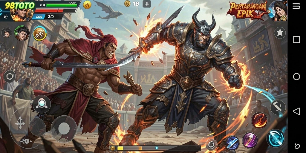 Screenshot menunjukkan pertarungan seru dalam game Fighting 98TOTO.