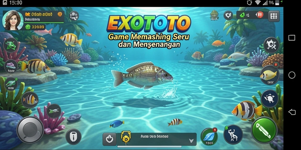 Screenshot gameplay EXOTOTO menampilkan aksi memancing yang mendebarkan.