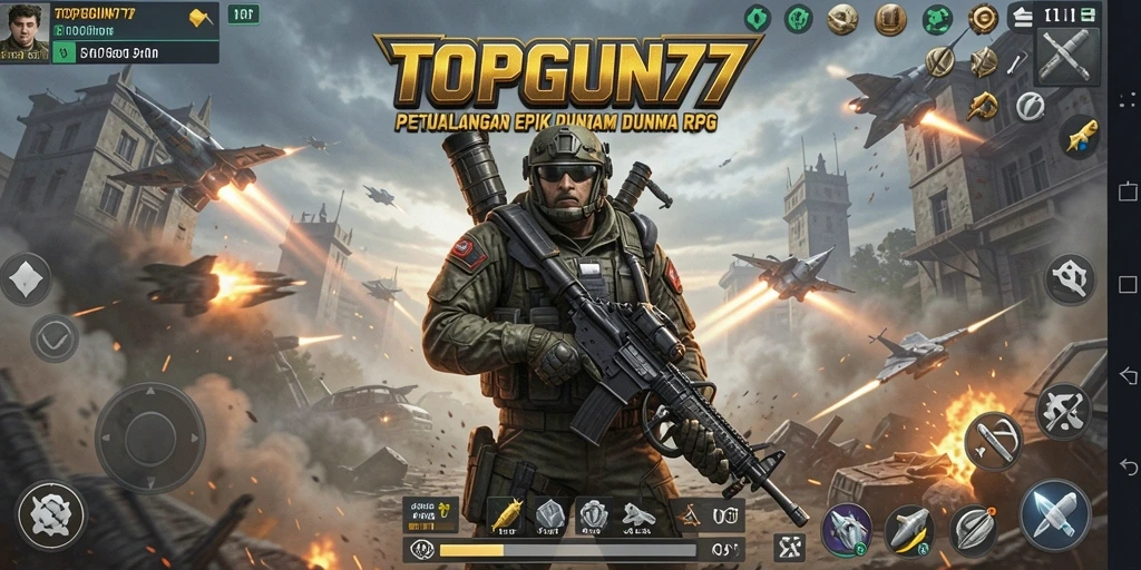 Tangkapan layar gameplay TOPGUN77 menampilkan pertempuran epik dan karakter yang kuat.
